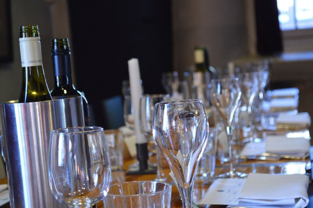 Wine glasses laid out for a function