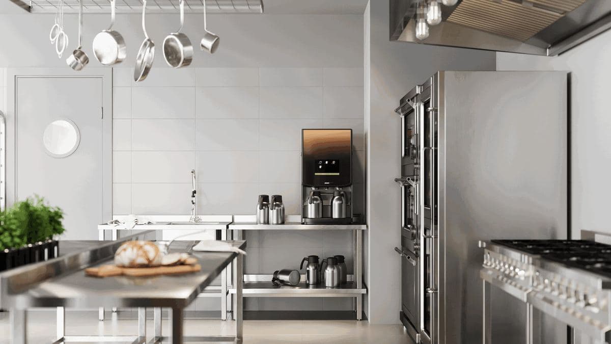 Bravilor Bolero drinks machine and airpots in a back-of-house kitchen