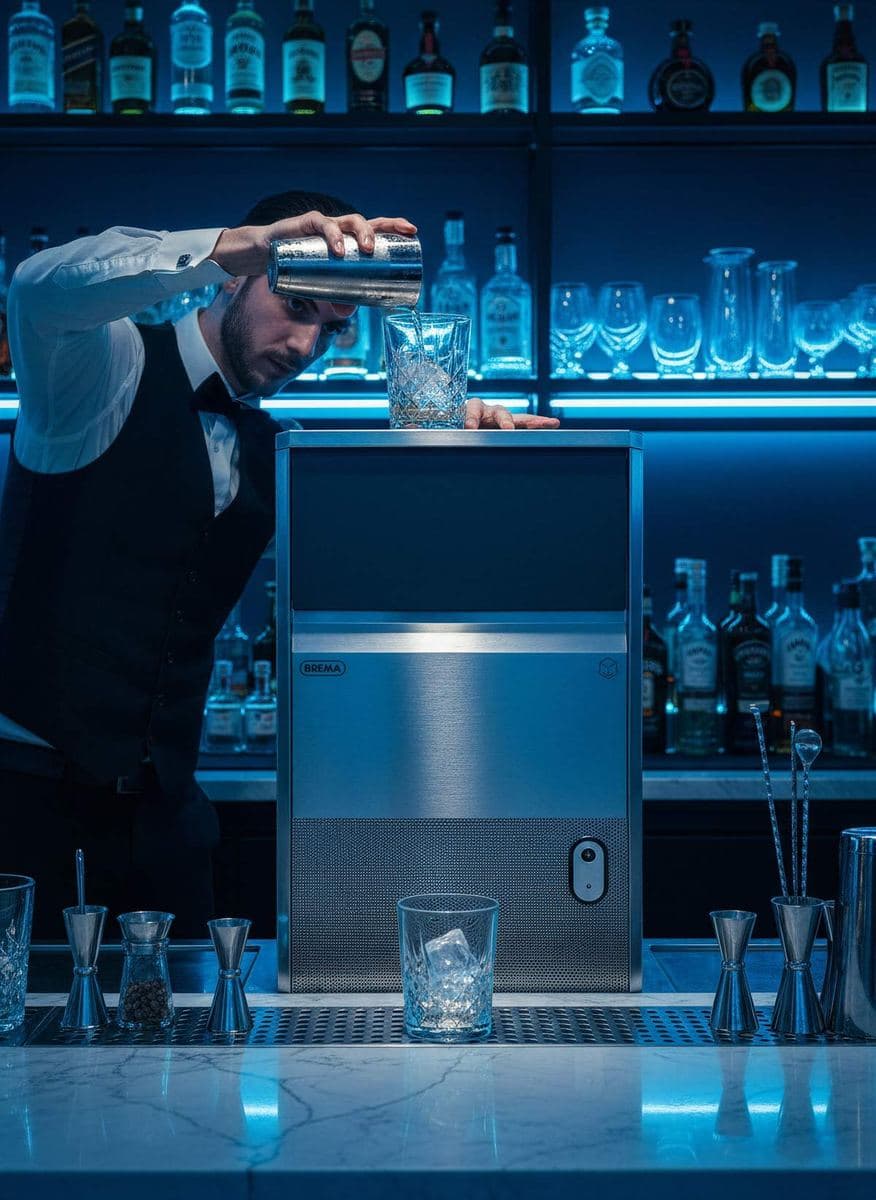 Bartender at a Brema ice maker on a cocktail bar