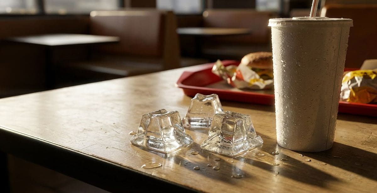 Brema Fast Ice beside a cold drink and a burger
