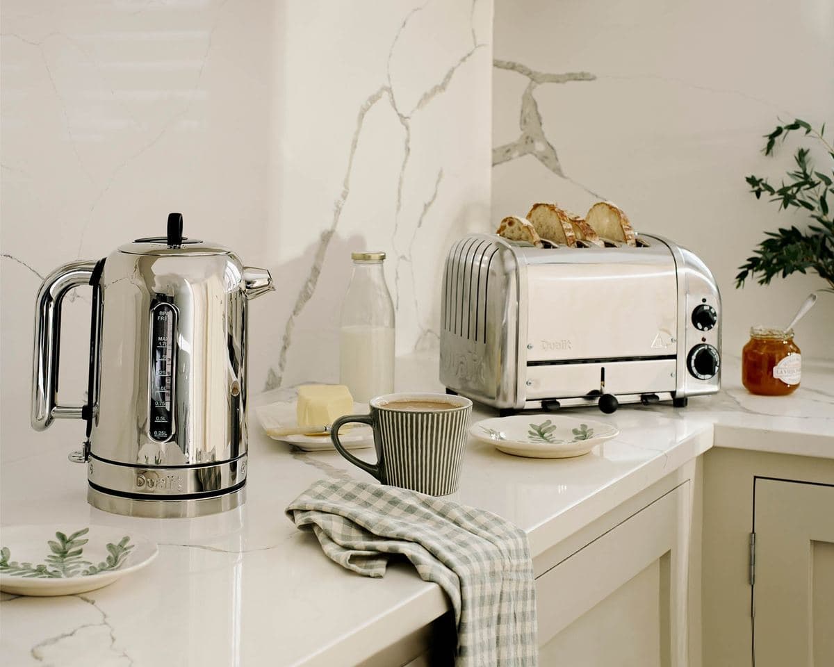Dualit Classic kettle and four-slice Classic toaster on a counter
