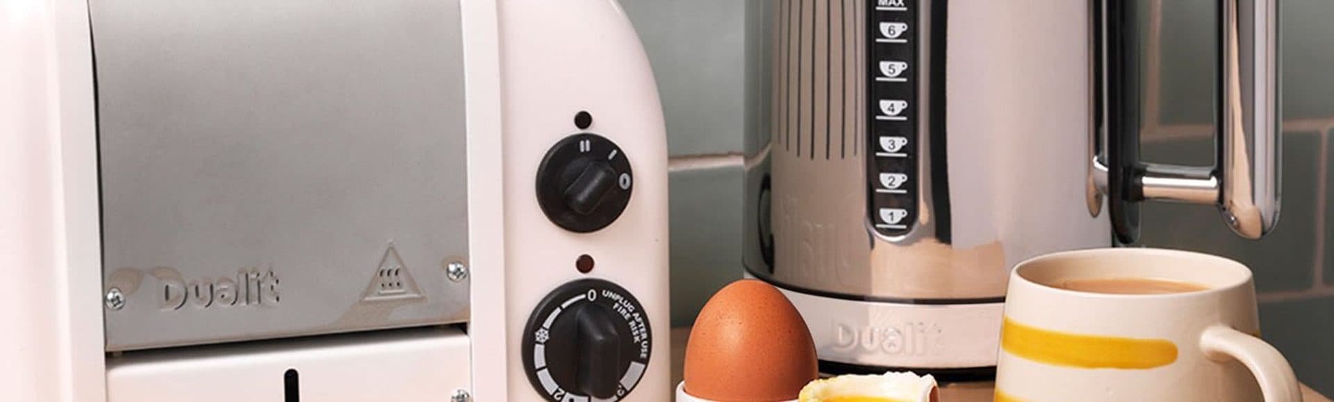 Dualit toaster and kettle on a counter