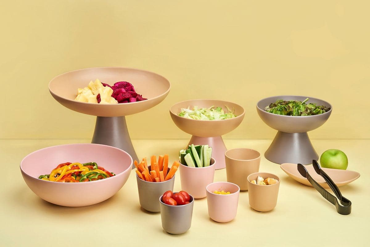 Efay melamine bowls and stands with salads and fruit