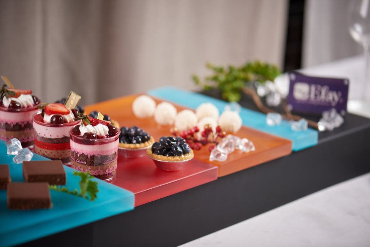 Desserts displayed on Efay risers