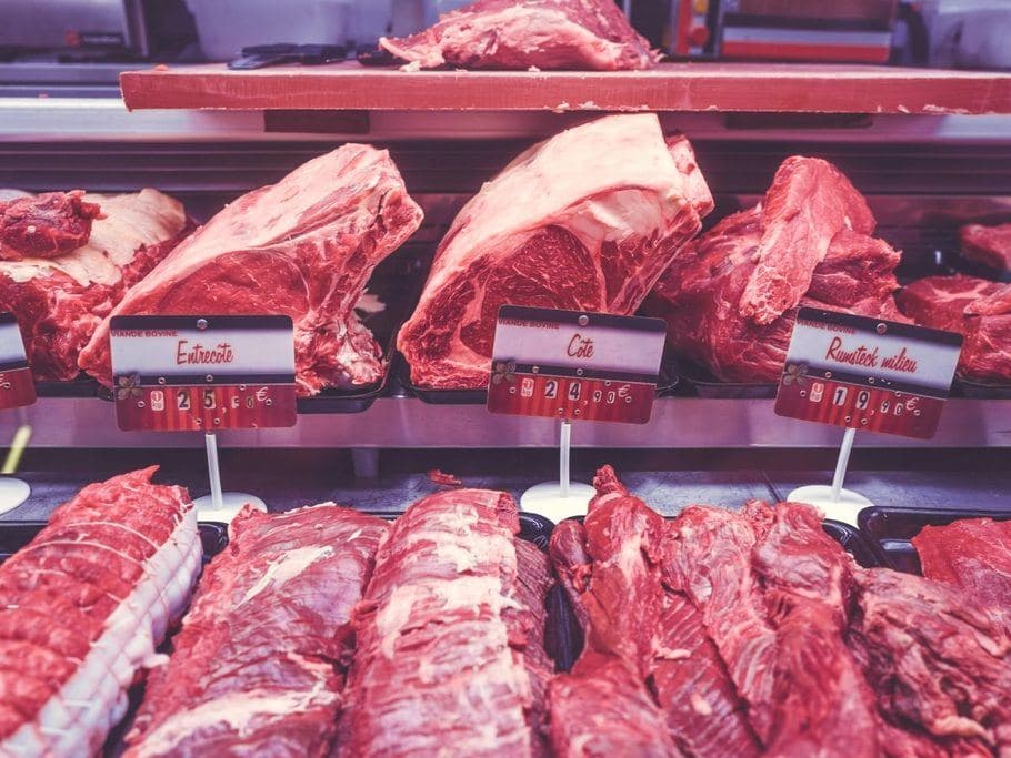 Cuts of beef in a butchery display counter
