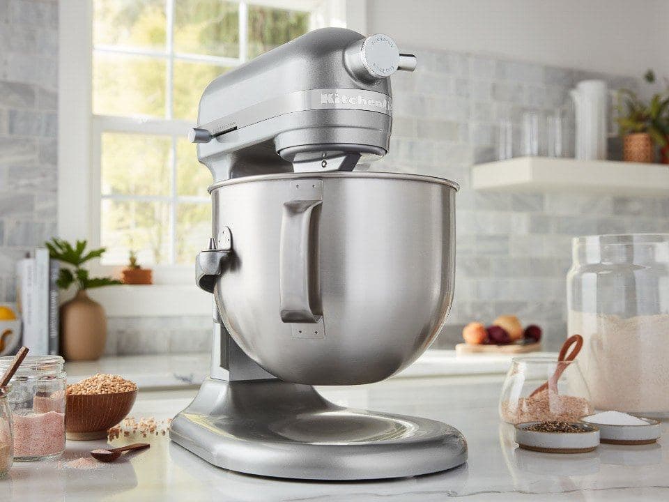 KitchenAid bowl-lift stand mixer in silver on a kitchen counter