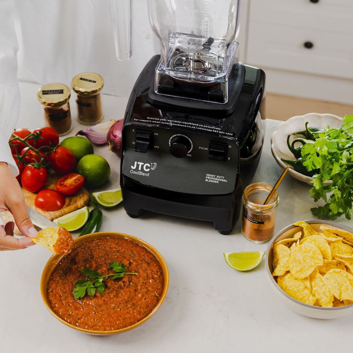 Fresh salsa and corn chips beside an OmniBlend I blender