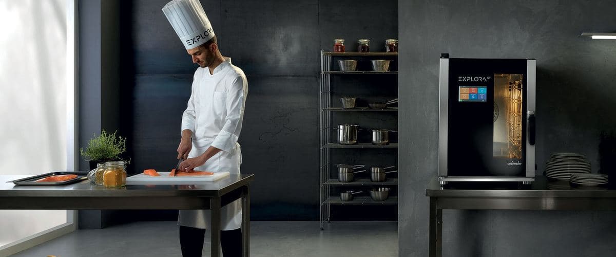 Explora combi oven on a stainless bench in a professional kitchen