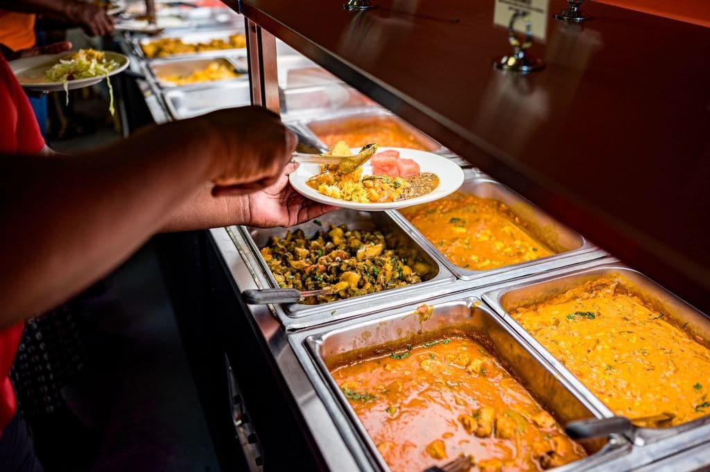 Hot food in a heated display counter