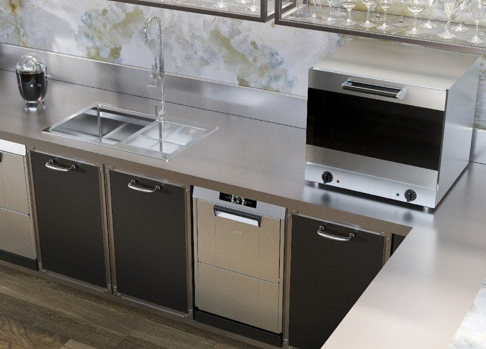 Smeg undercounter warewasher beside a sink unit