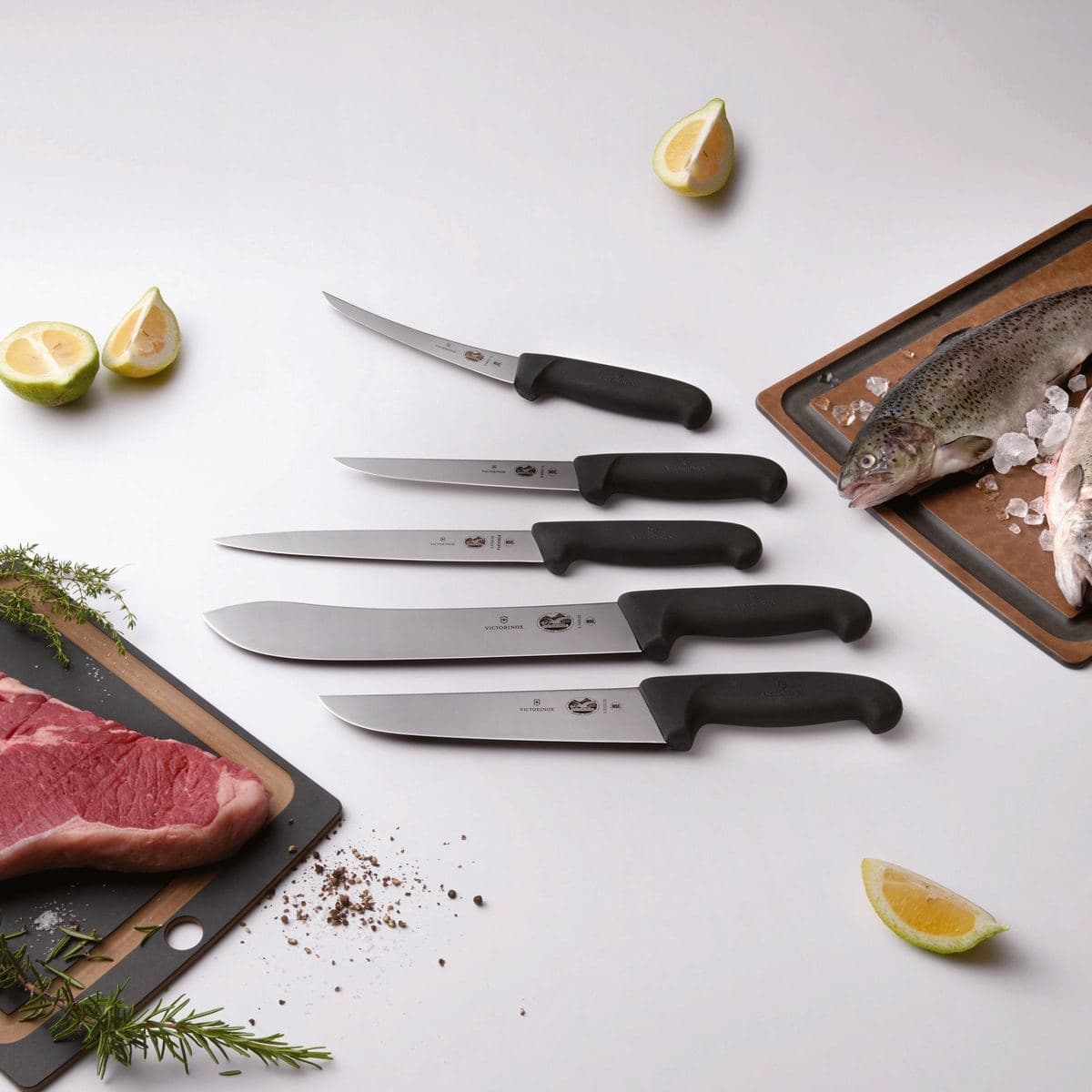 Victorinox Fibrox knives with meat and fish