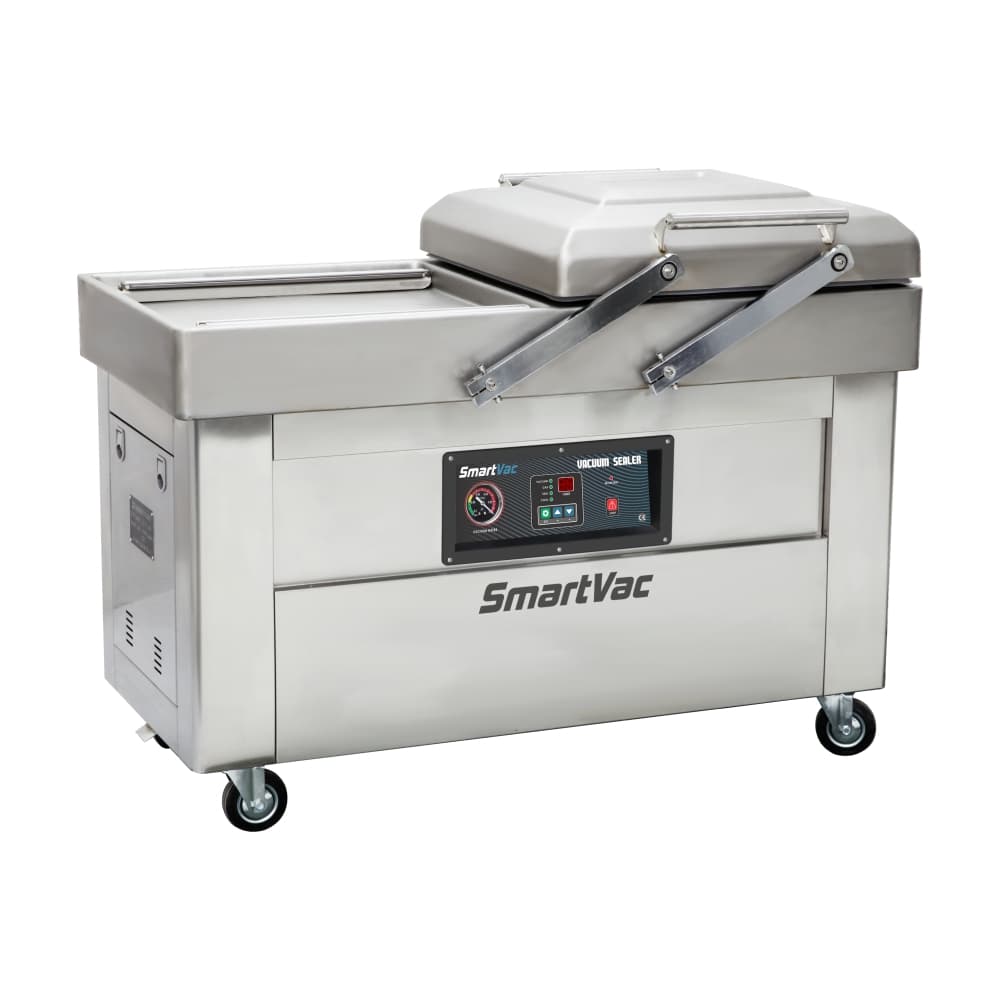 Vacuum pack machine alternating chambers with gas flush