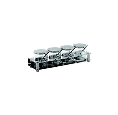 CONDIMENT SET S/STEEL INCLUDES: 4 JARS + SPOONS +TRAY 360 X 110 X 107MM 1.47 KG